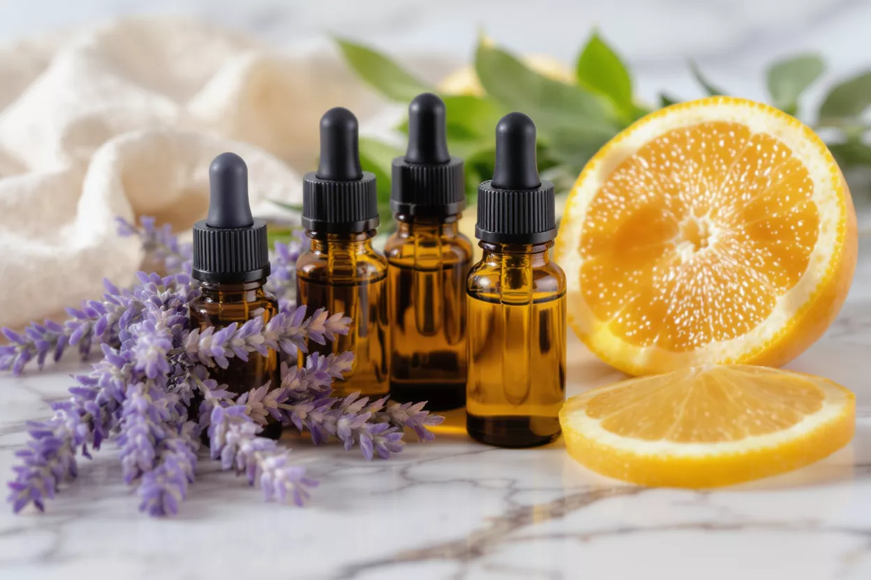 Amber dropper bottles with lavender, orange, and green leaves on marble.