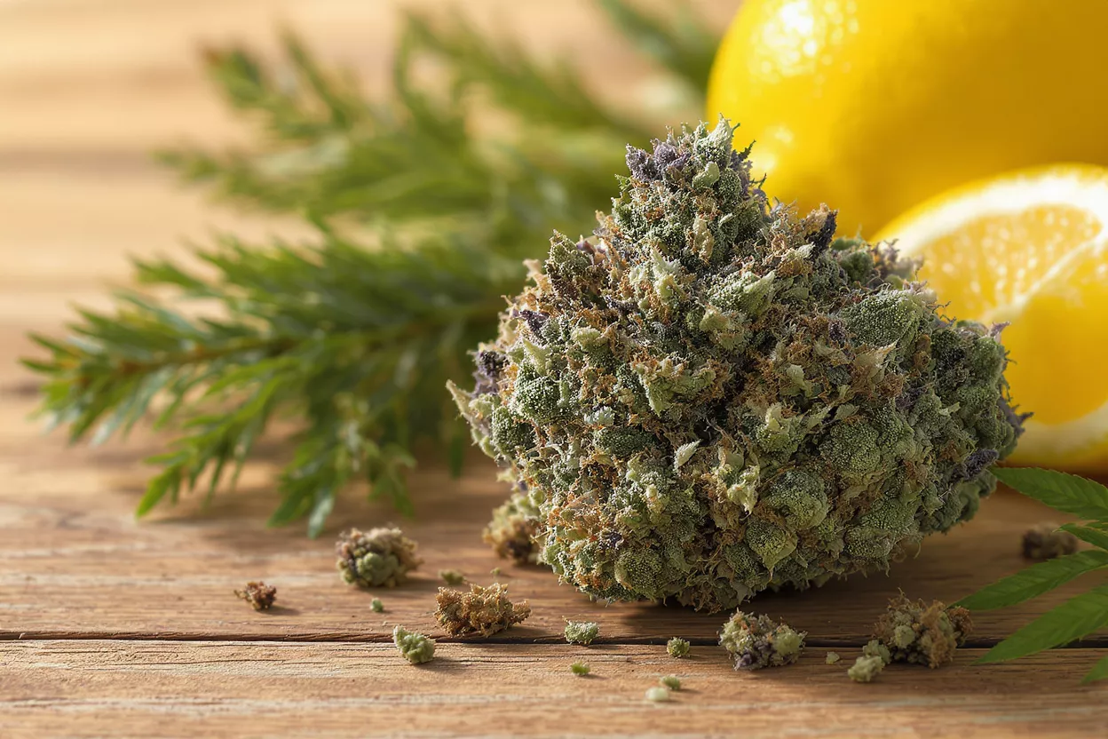 Close-up of a cannabis bud with lemons and pine needles on a wooden surface.