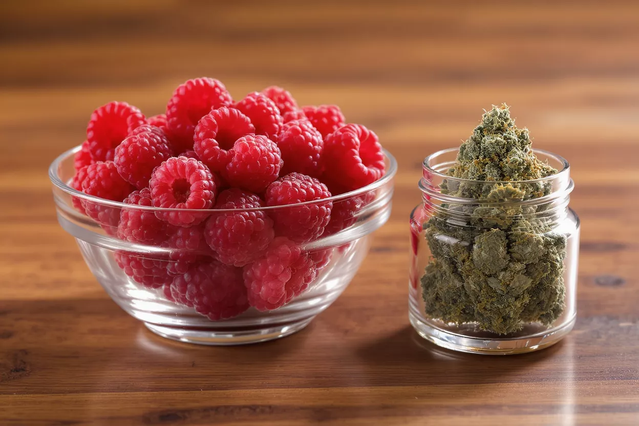 A glass bowl of red raspberries next to a jar of green cannabis buds.