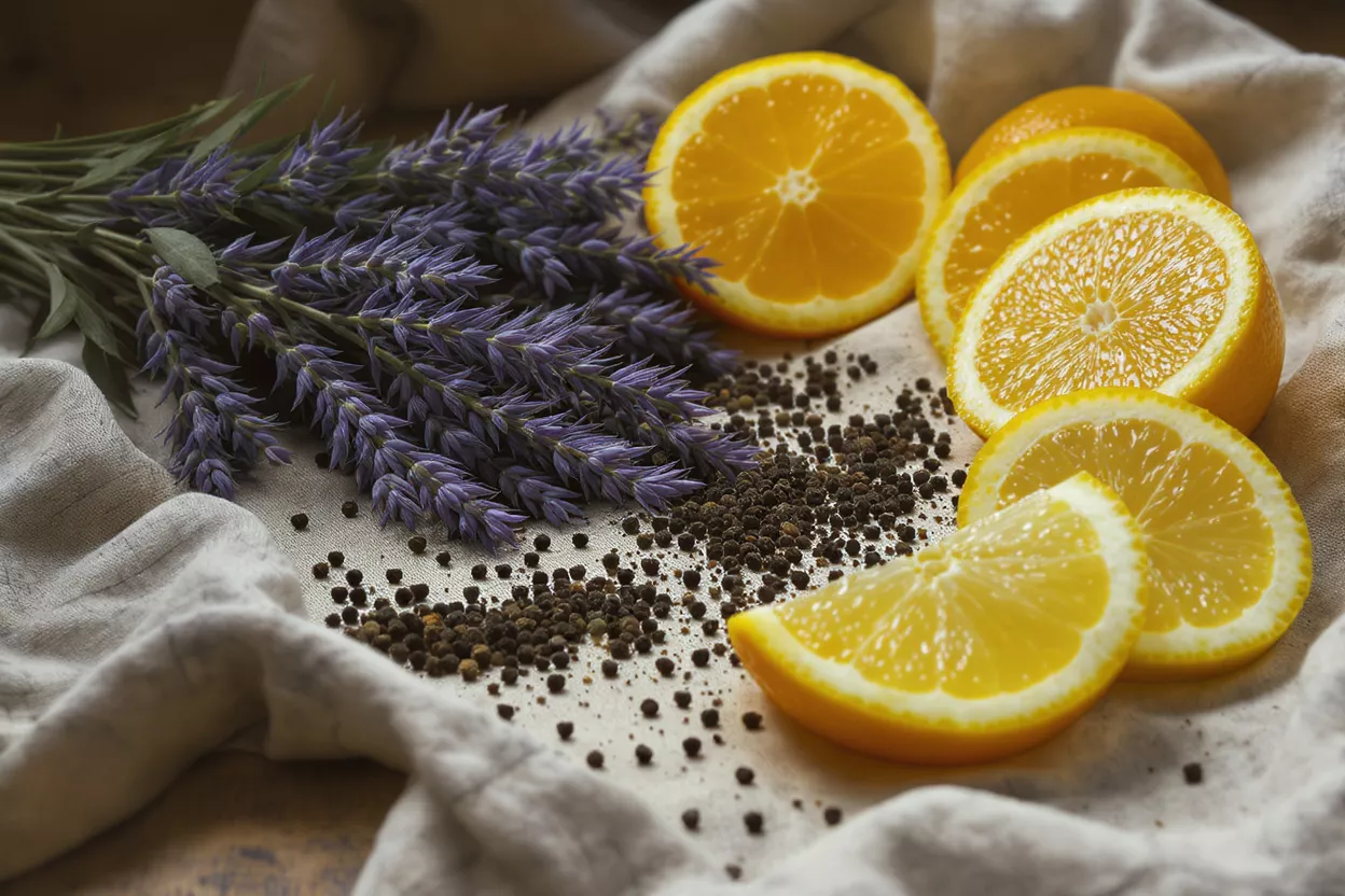 Lavender, sliced oranges, and peppercorns on a rustic cloth.