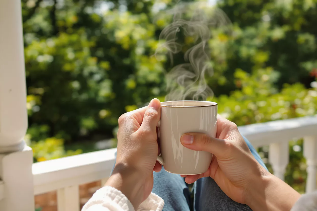 Mains tenant une tasse fumante sur un porche avec un feuillage vert en arrière-plan.