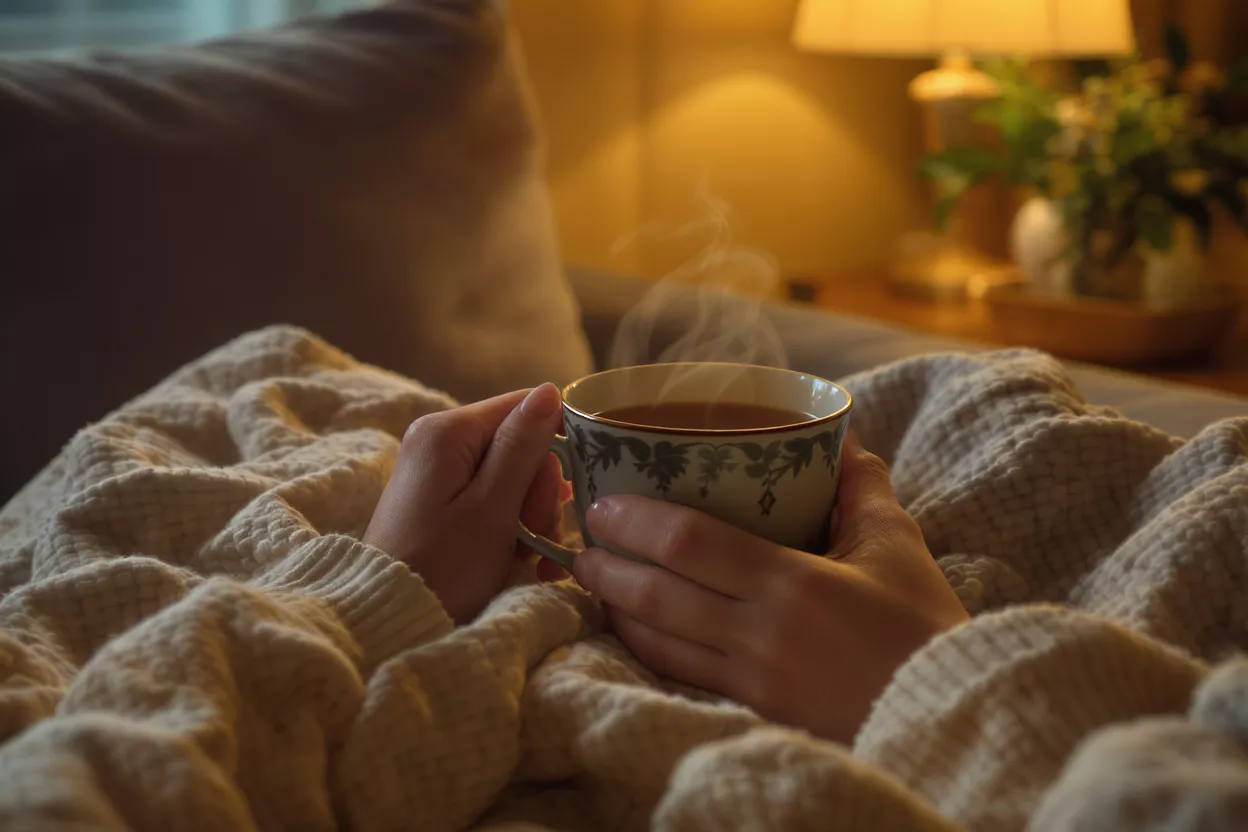 Mains tenant une tasse de thé fumante sous une couverture chaude.