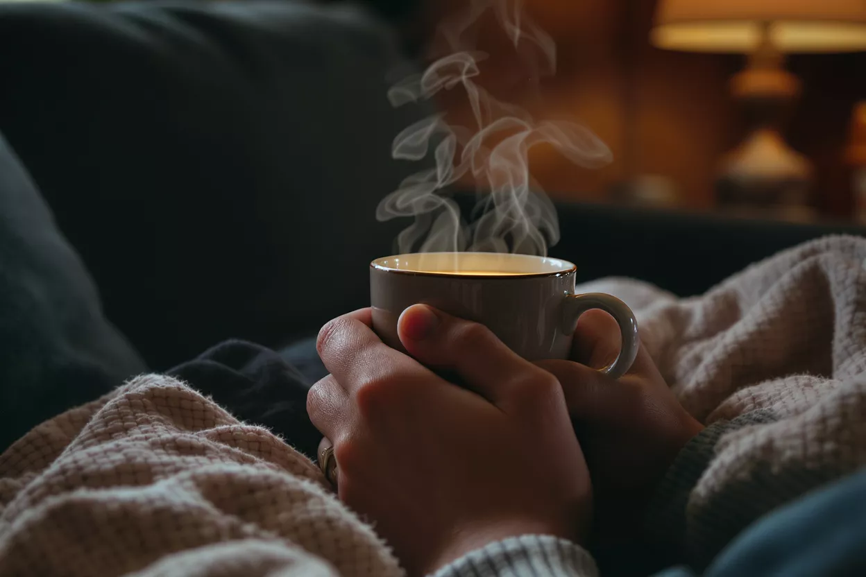 Hands holding a steaming mug, cozy blanket, warm indoor setting.