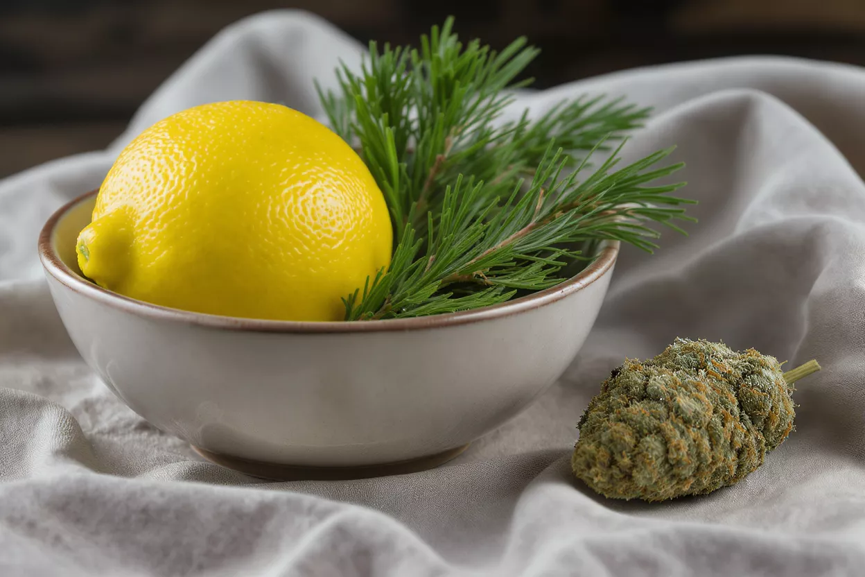 A lemon, pine needles, and a cannabis bud on a light grey cloth.