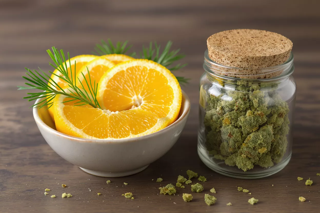 Bowl of orange slices with green sprigs next to a jar of green herb.