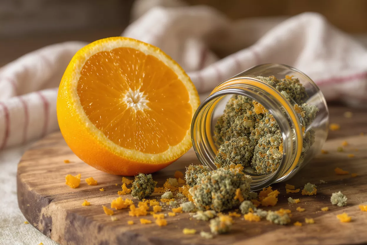 Half an orange next to a jar of cannabis buds on a wooden board.