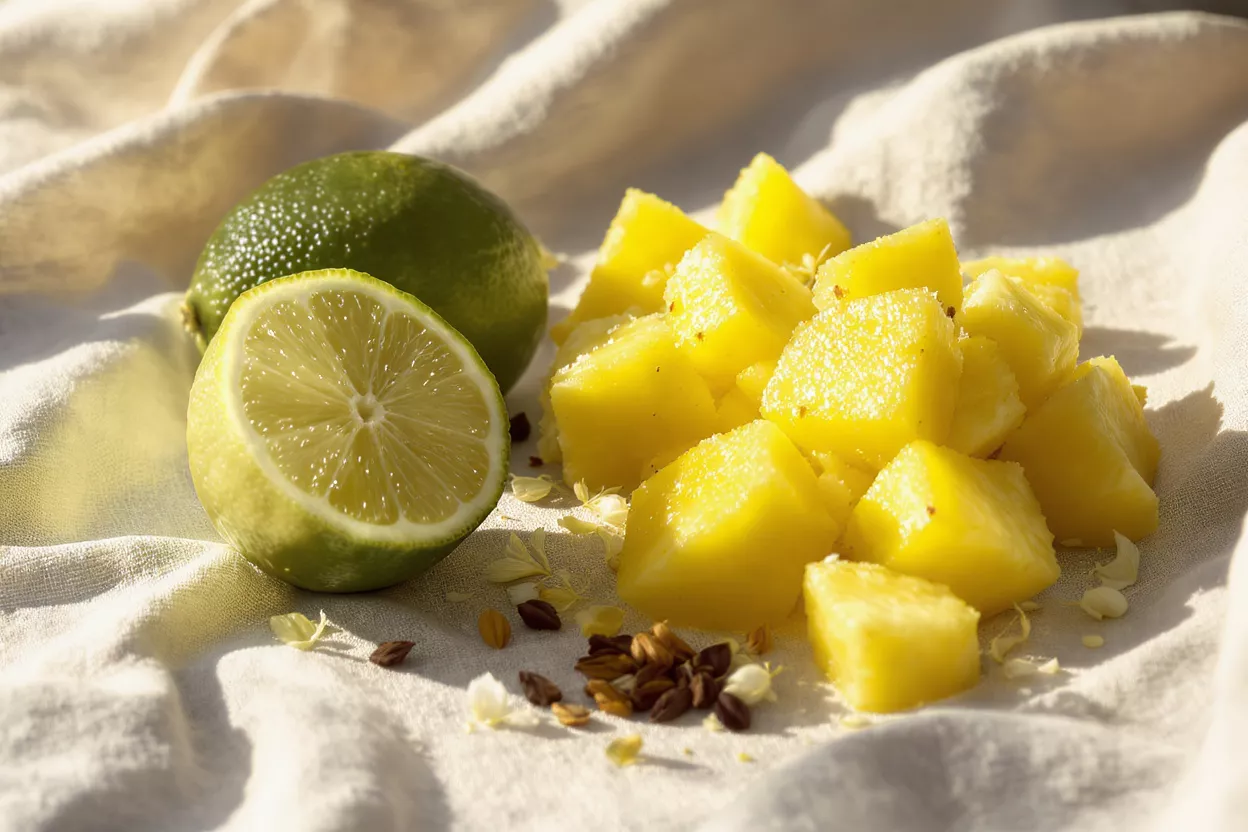 Close-up of fresh pineapple chunks and whole and halved limes on white fabric.