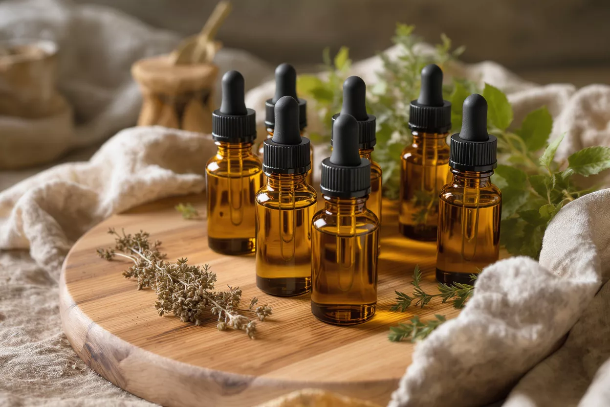 Amber dropper bottles filled with herbal oil on a wooden board with dried herbs.