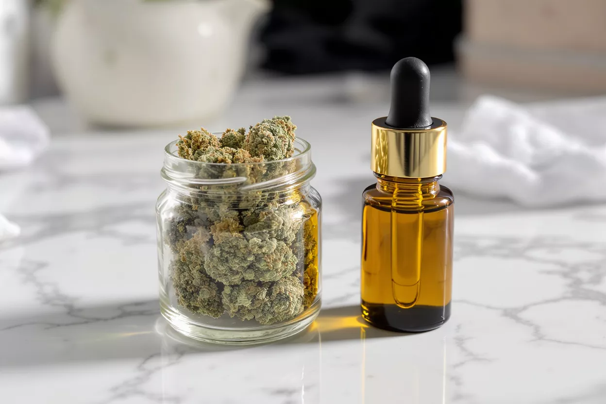 A jar of cannabis buds next to a dropper bottle of CBD oil on marble.