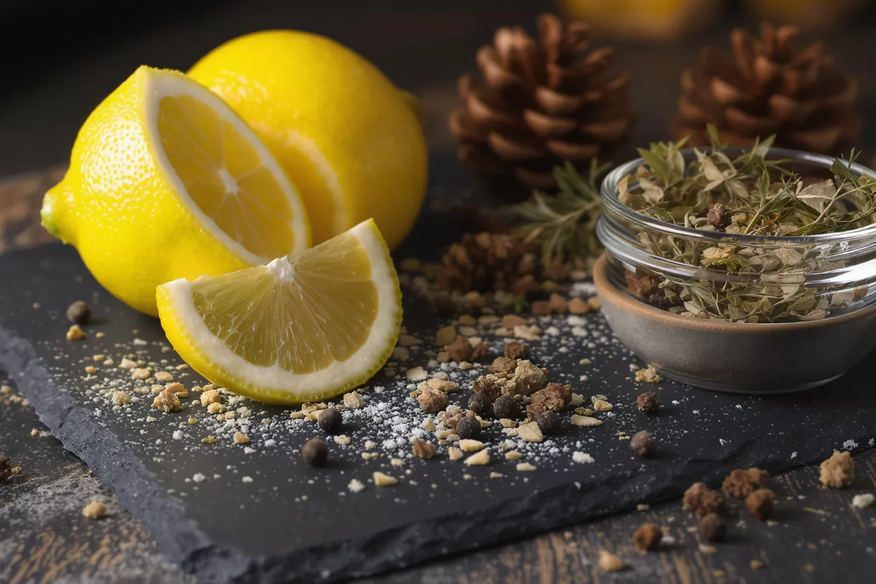 Bright yellow lemons, herbs, and pinecones on a dark slate surface.