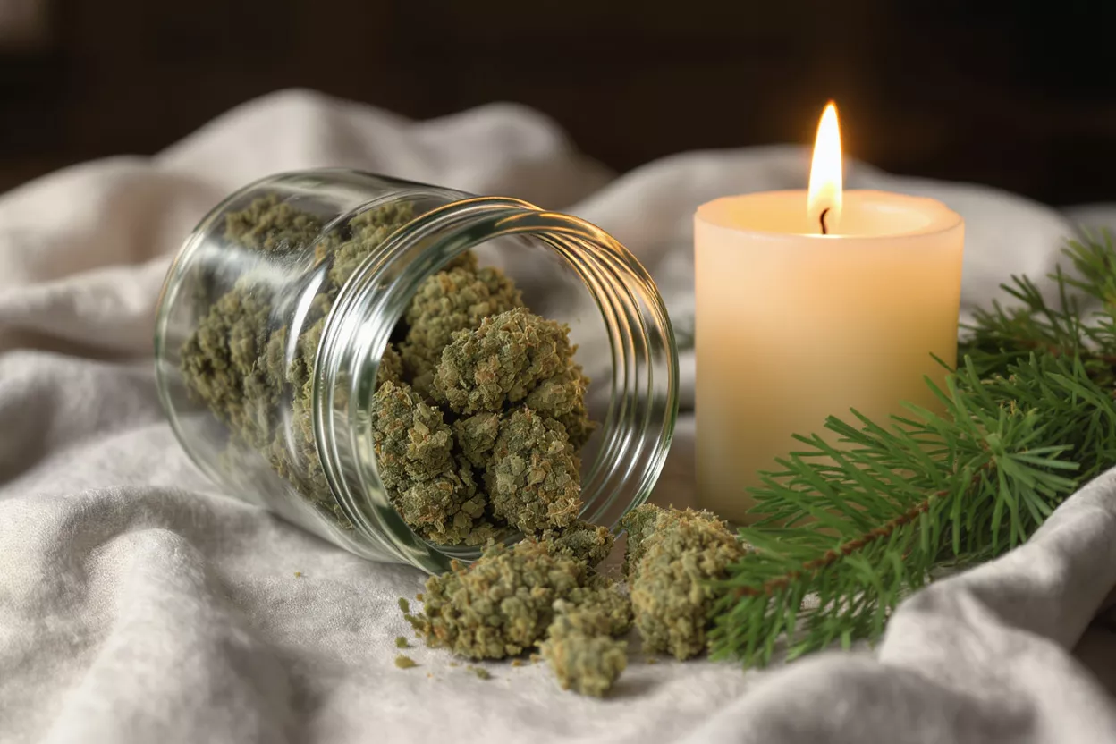 Cannabis buds spilling from a jar, with a lit candle and pine needles.