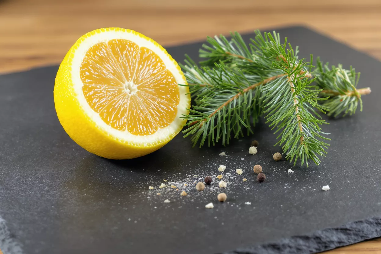 Half a lemon, pine branch, and spices on a dark gray slate surface.