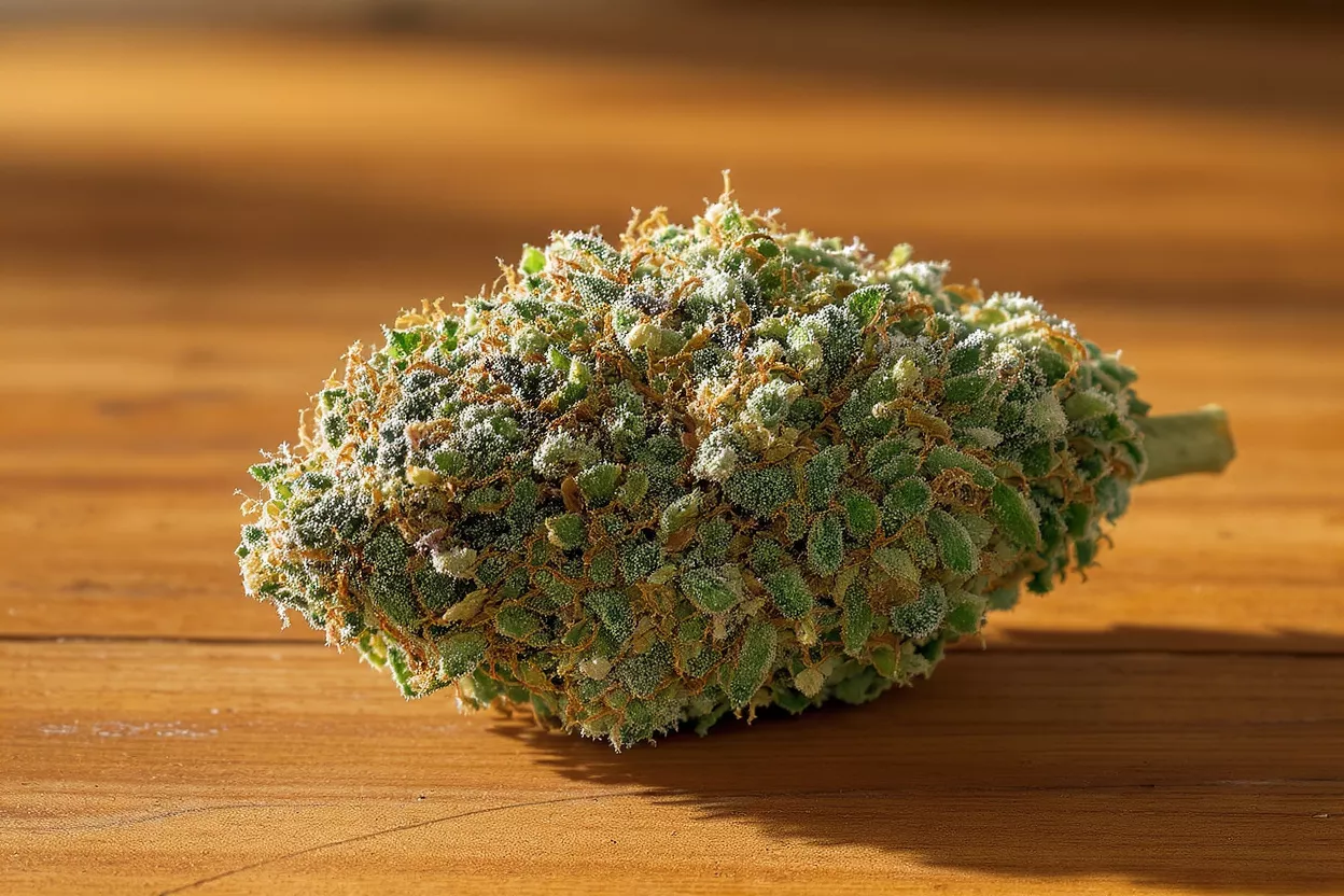 Close-up of a vibrant green cannabis bud covered in trichomes on a wooden surface.