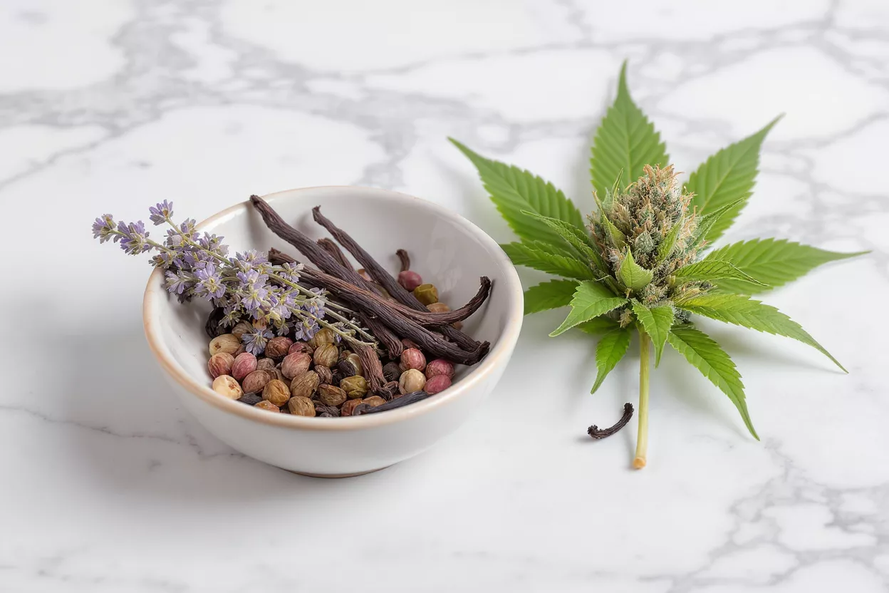 Cannabis bud with leaves, vanilla pods, lavender, and colorful seeds in a bowl.