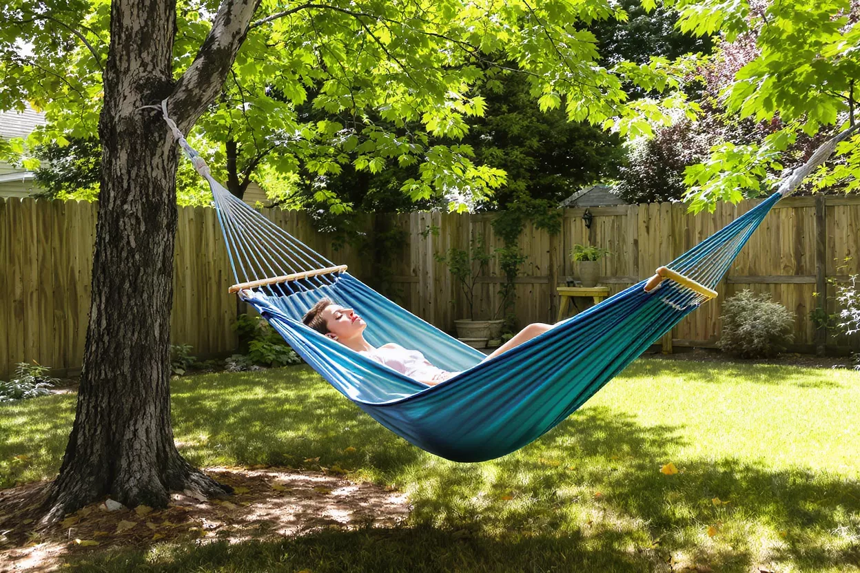 A person relaxing in a blue and green hammock tied between two trees.