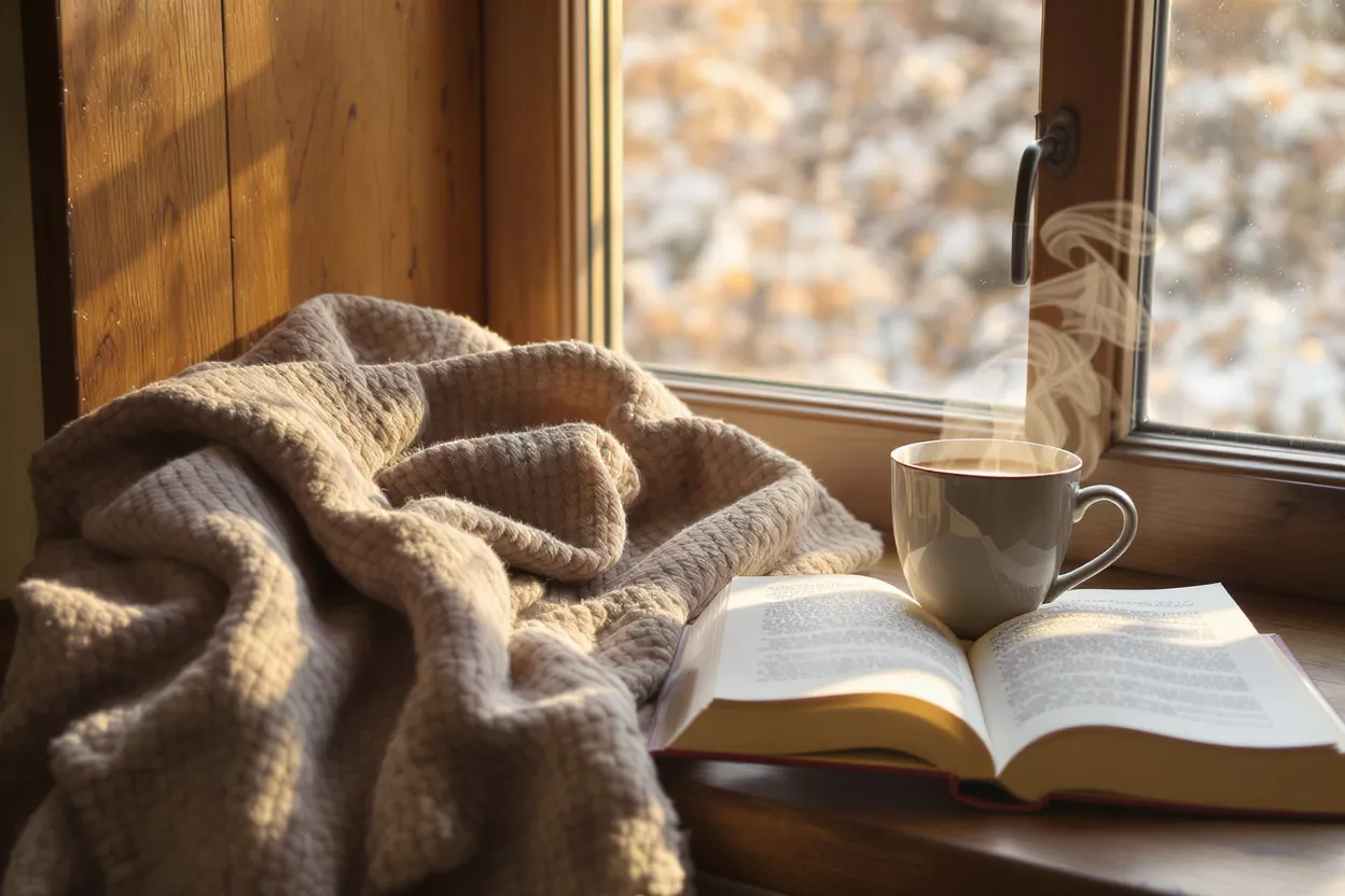 Steaming coffee, open book, and cozy blanket by a sunlit window.