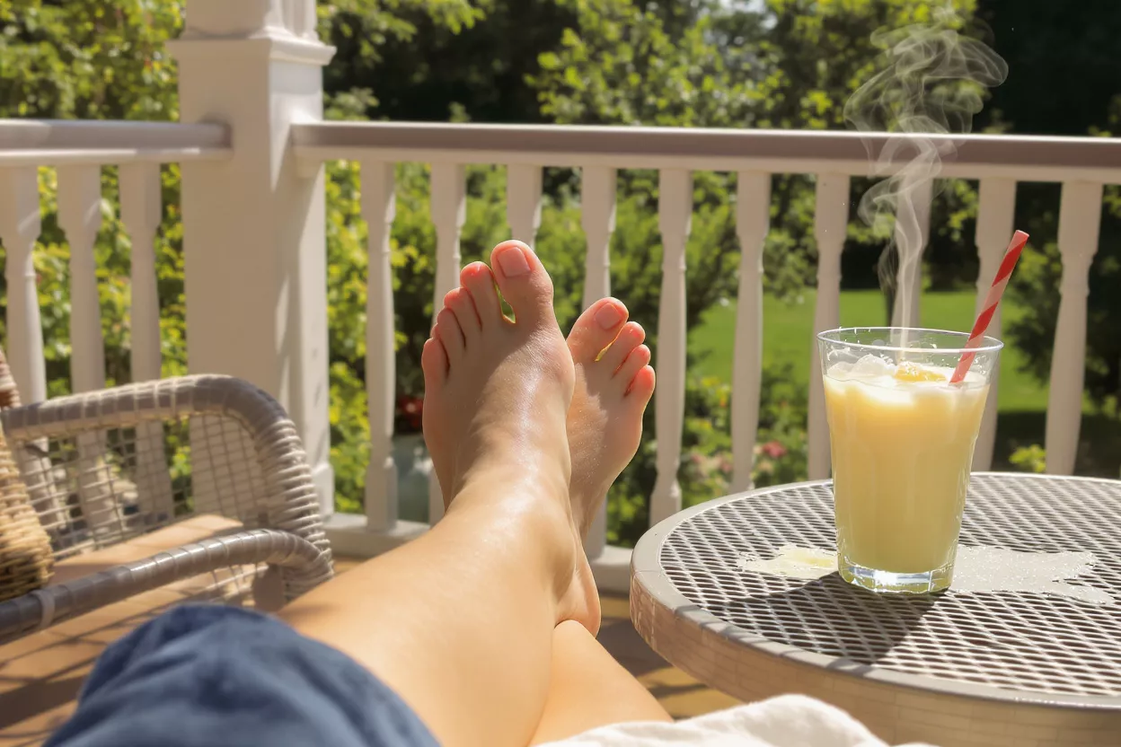 Feet up on a porch with a steaming drink and green trees in the background.