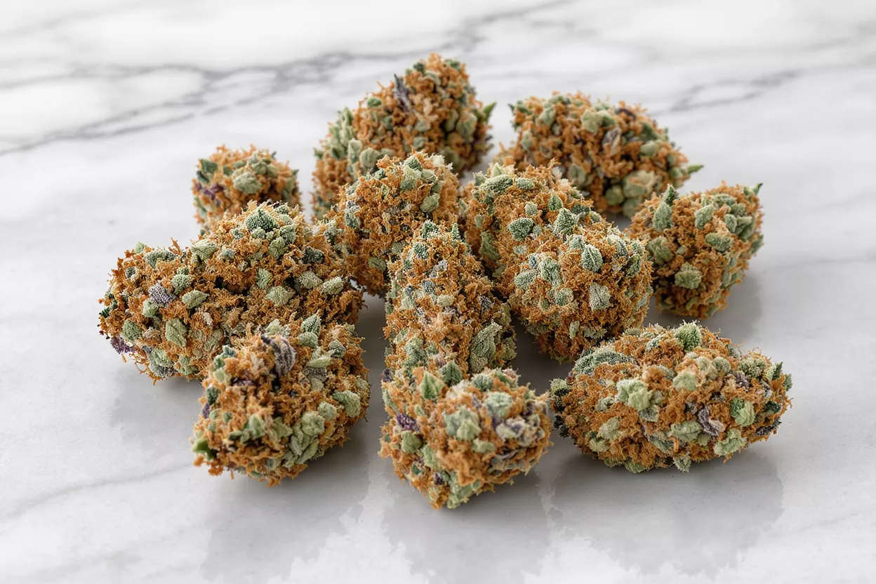 Primer plan de varios brotes de cannabis con pelos naranjas y hojas verdes sobre mármol.