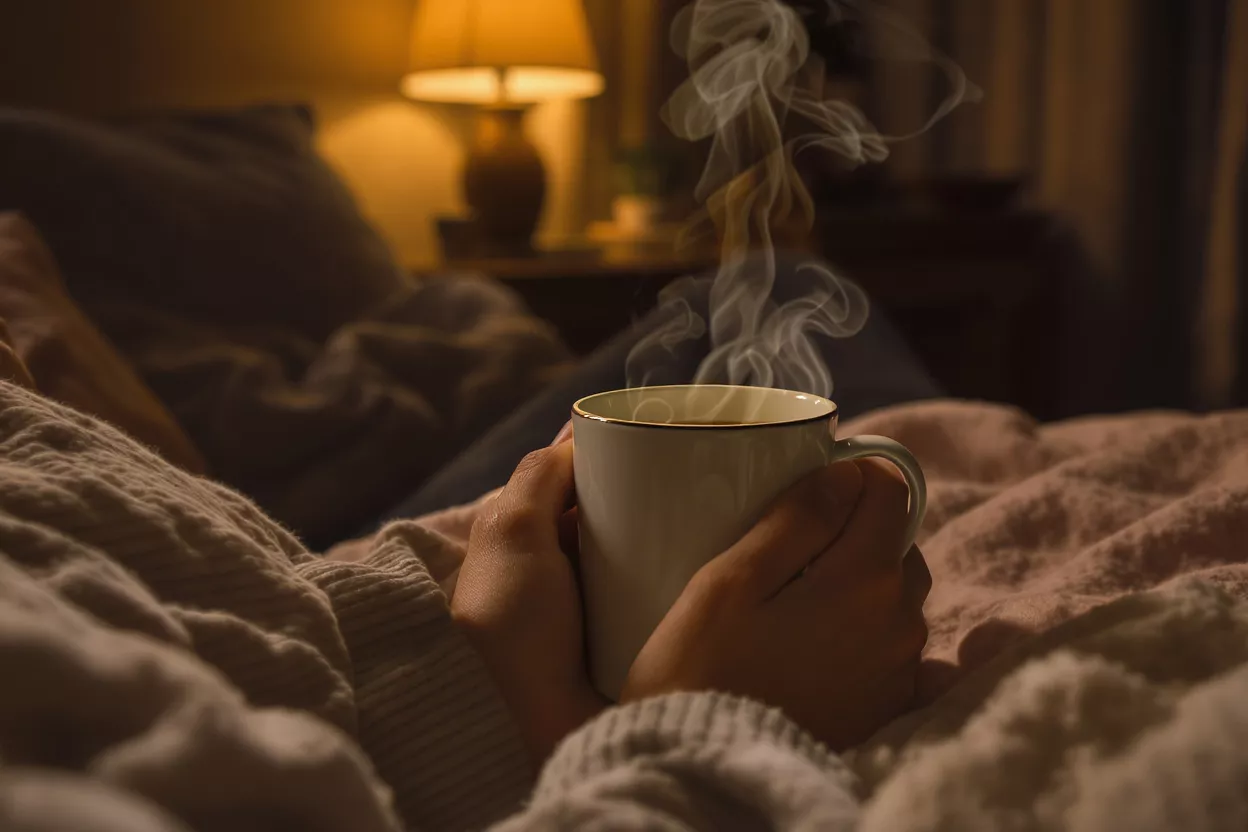 Hands holding a steaming mug in a cozy bed with a warm lamp in the background.