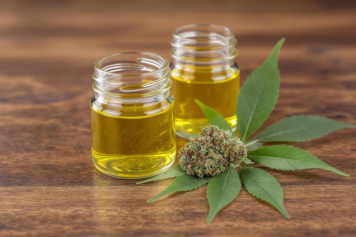 Two jars of golden cannabis oil, a cannabis flower, and a leaf on a wooden table.