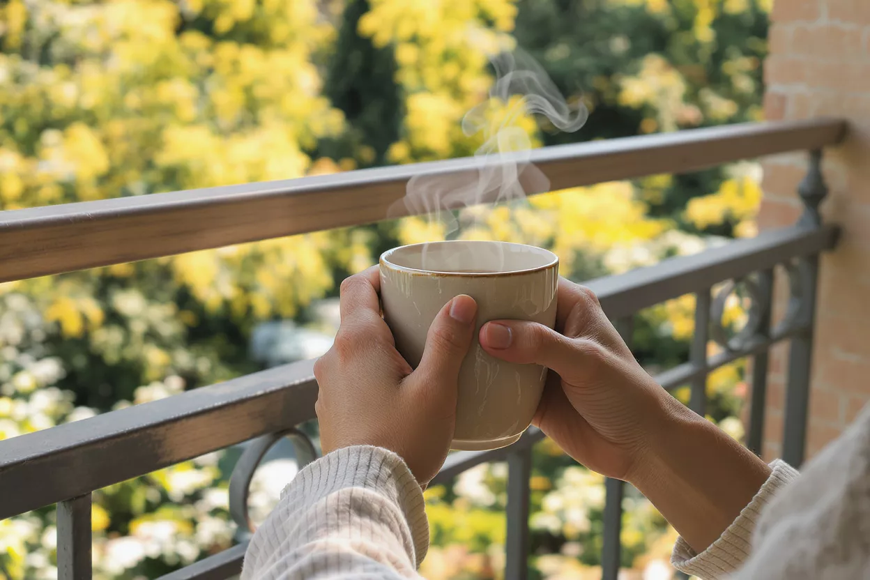 Hands holding a steaming cup of coffee on a balcony with a blurred green and yellow background.