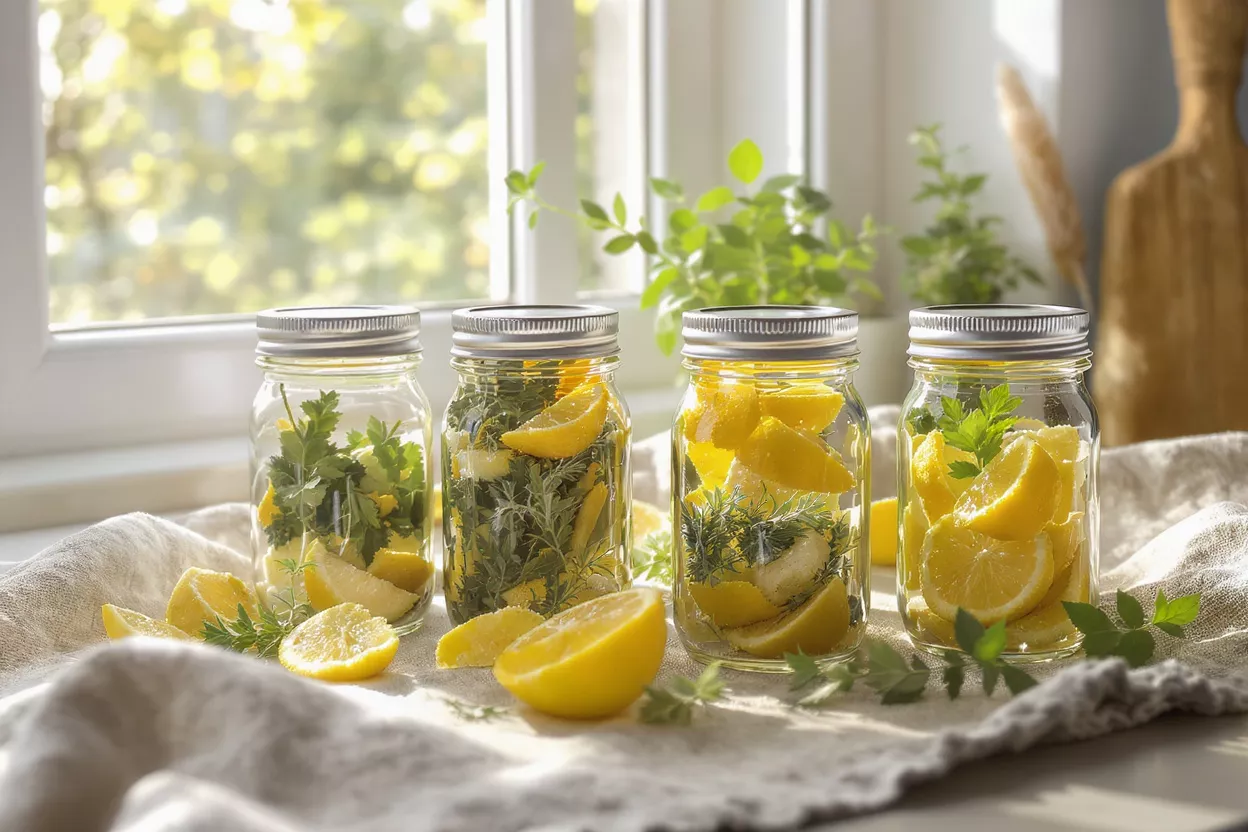 Four mason jars filled with lemon wedges and fresh herbs on a sunlit counter.