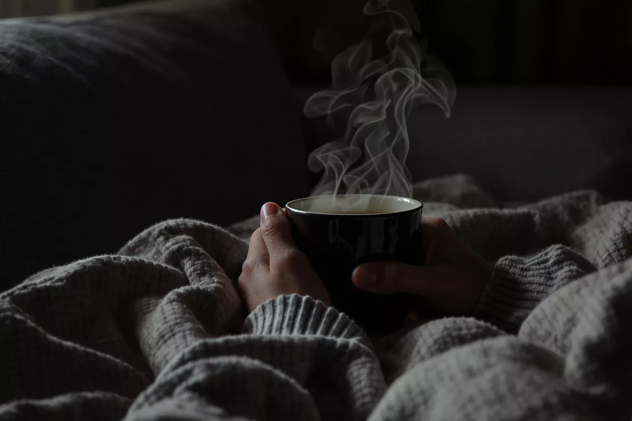 Hands holding a steaming mug, wrapped in a cozy blanket in dim light.