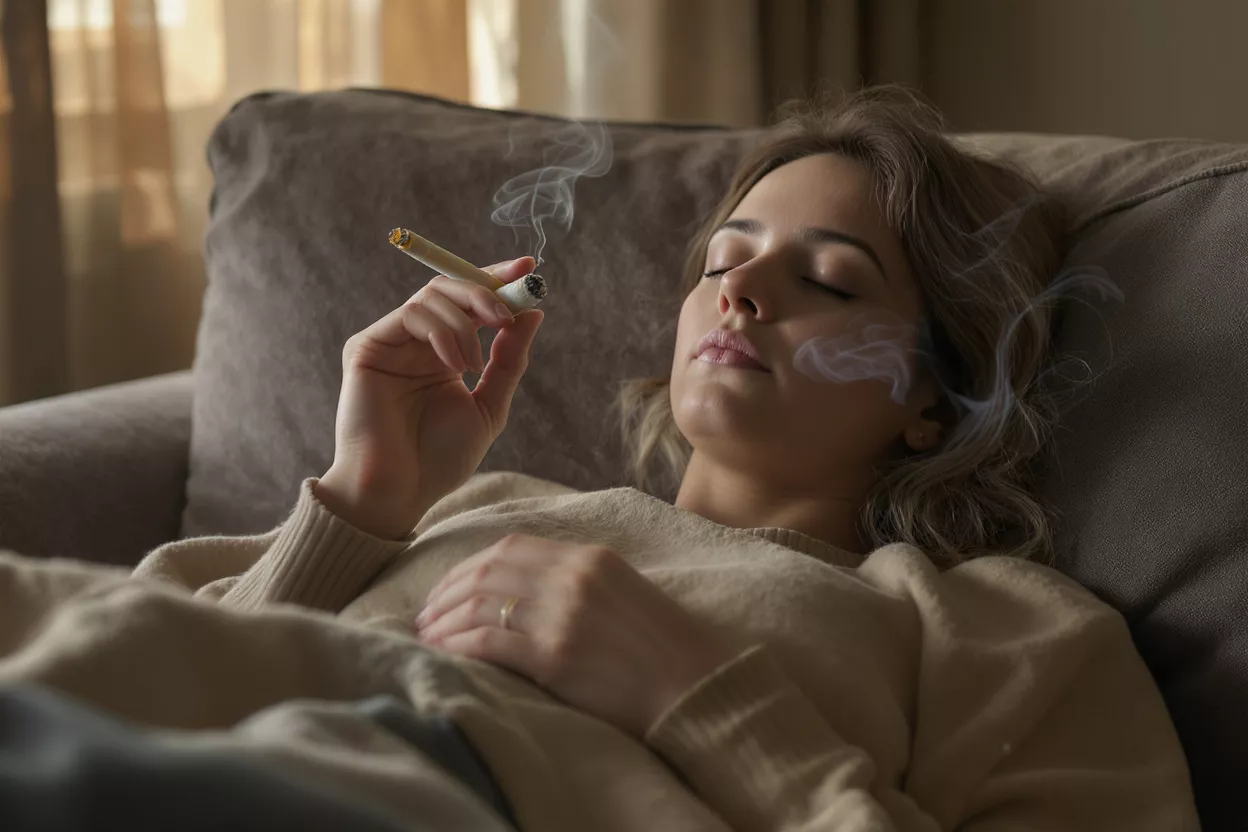 A woman with closed eyes relaxing on a couch, holding a lit joint.