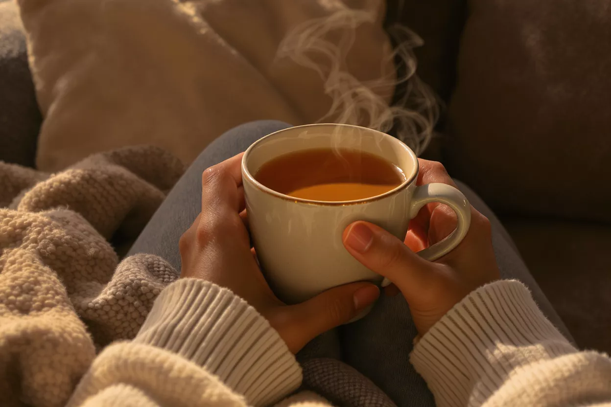 Hands holding a steaming mug of tea, cozy blanket, warm light.