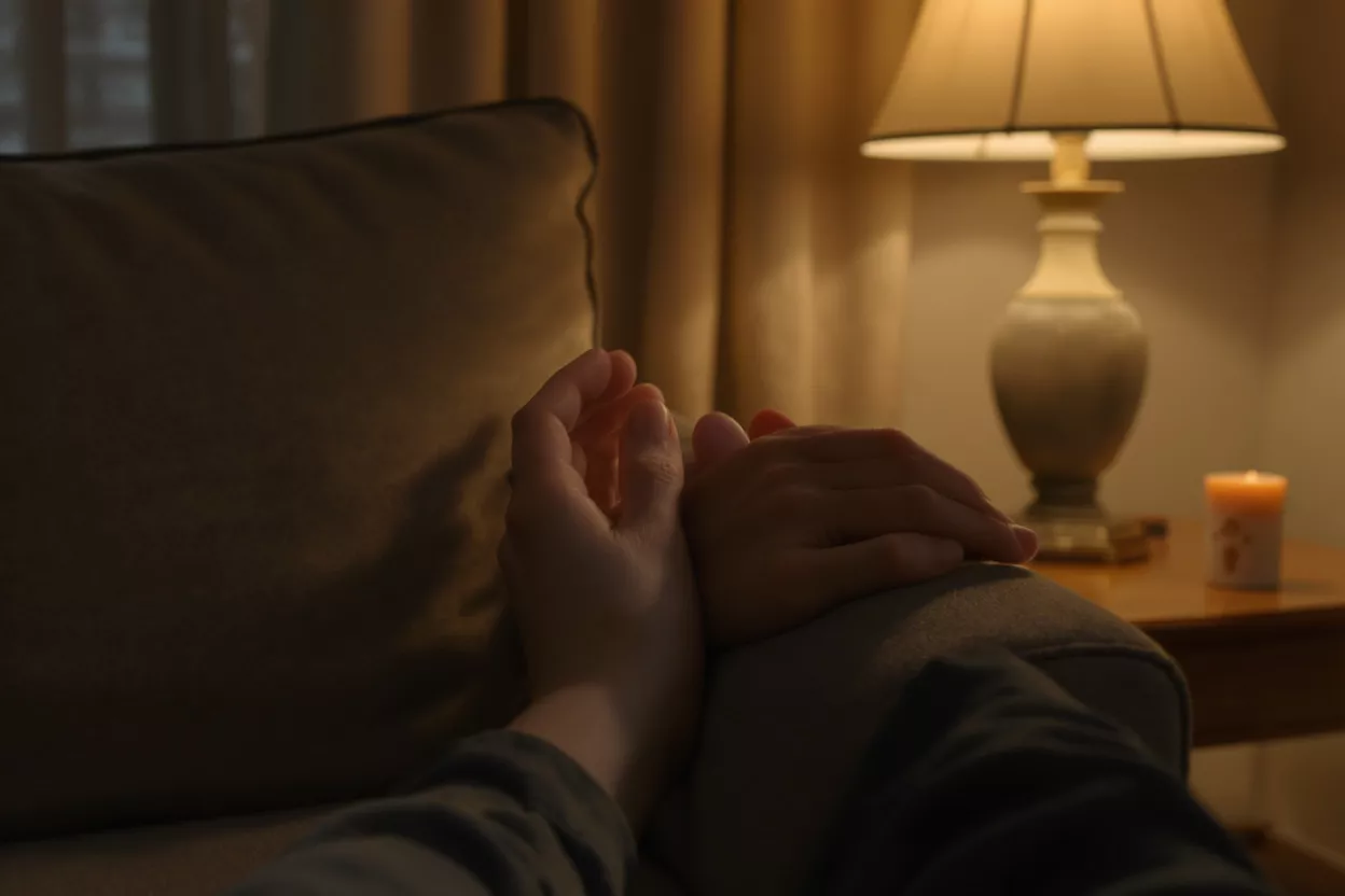 Two hands resting on a couch in a dimly lit room with a lamp and candle.