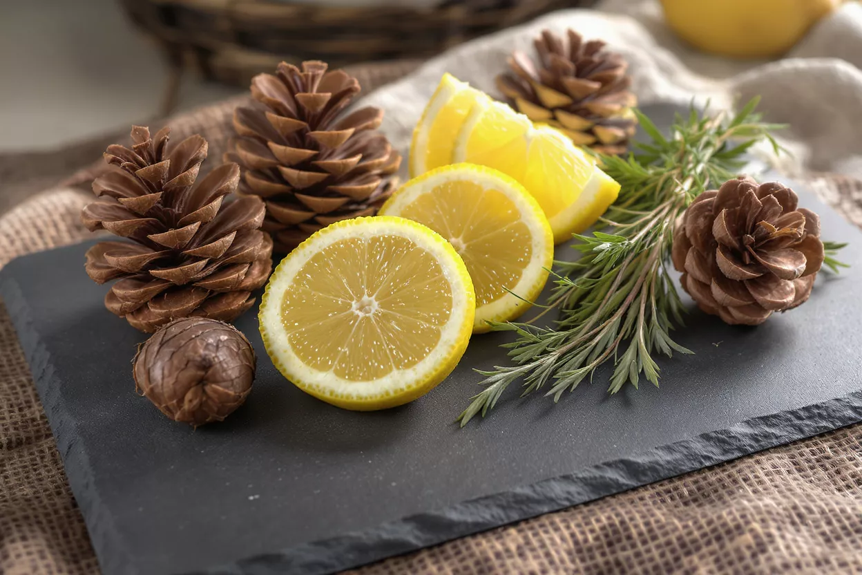 Sliced lemons, pinecones, and rosemary sprigs on a dark slate board.