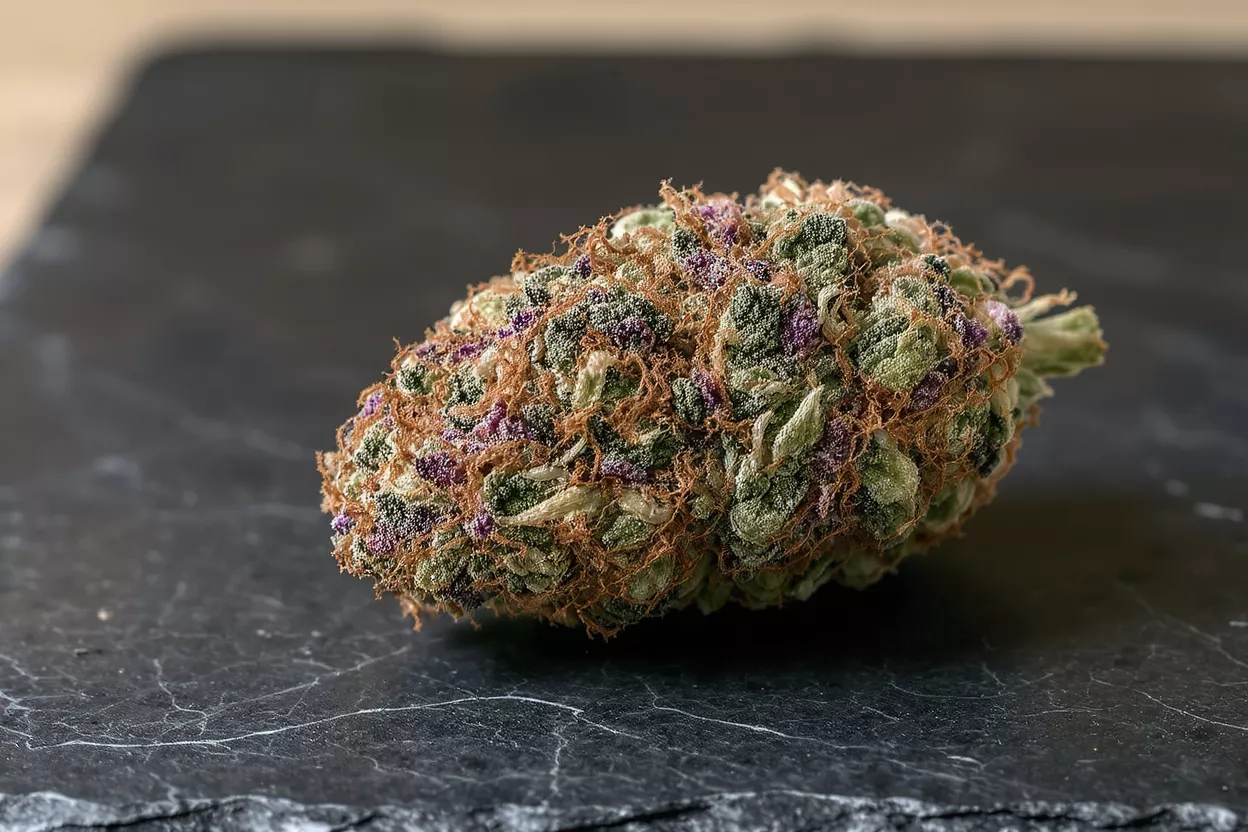Close-up of a cannabis bud with green, purple, and orange hues on a dark surface.