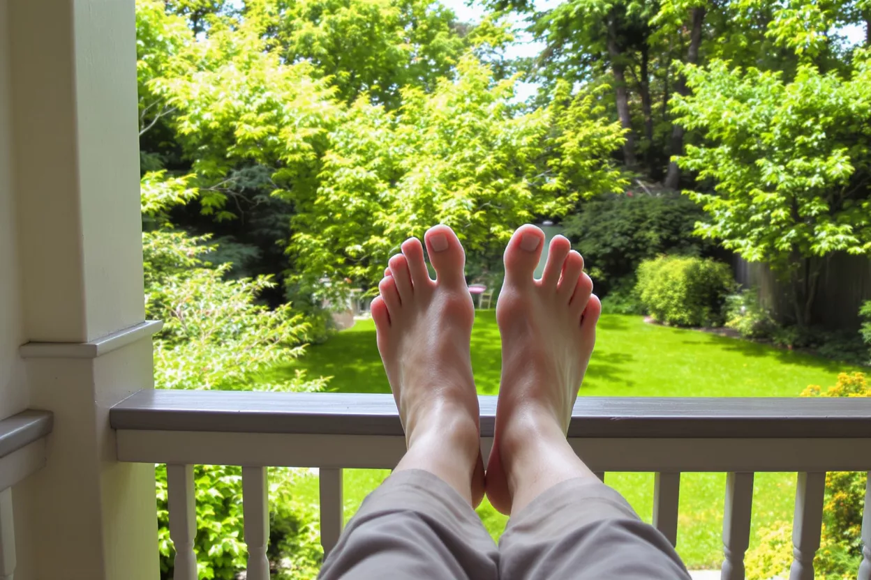 Person's bare feet resting on a balcony railing with a lush green garden view.