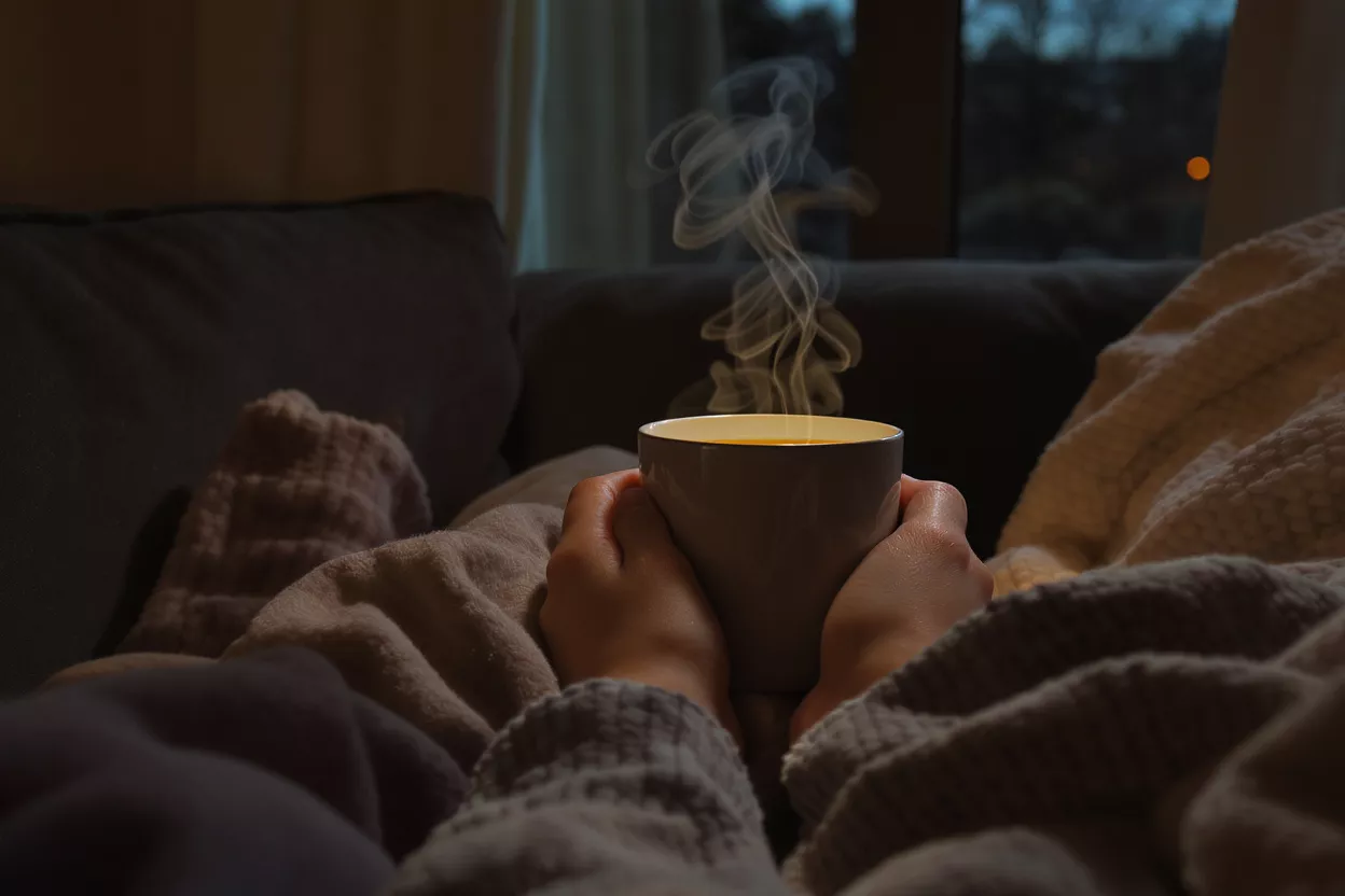 Hands holding a steaming mug, wrapped in a blanket on a couch.