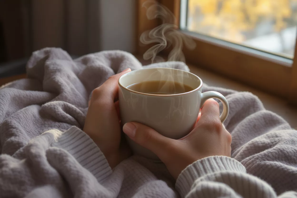 Café acogedor junto a la ventana Manos sosteniendo una taza de café humeante junto a una ventana con hojas otoñales.