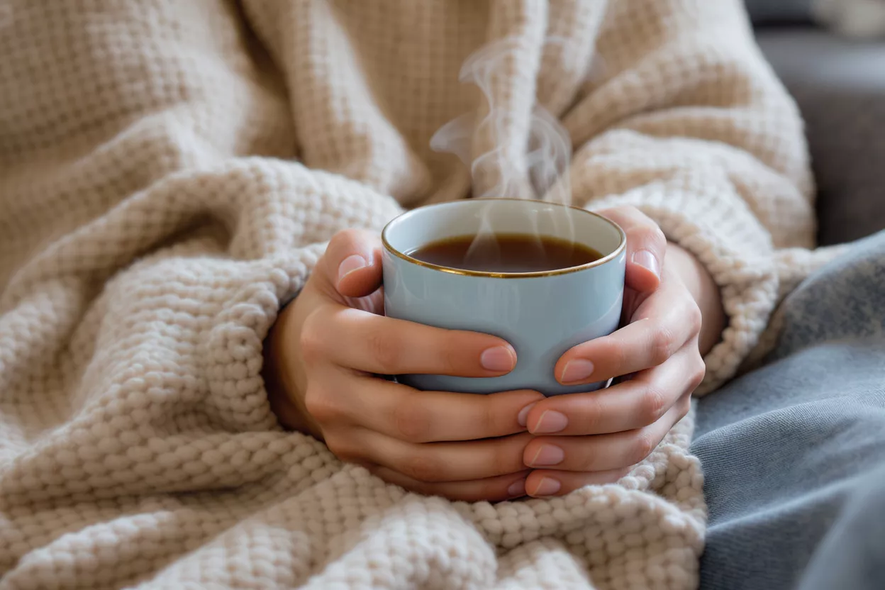 Close-up of hands holding a light blue mug with steaming hot beverage.