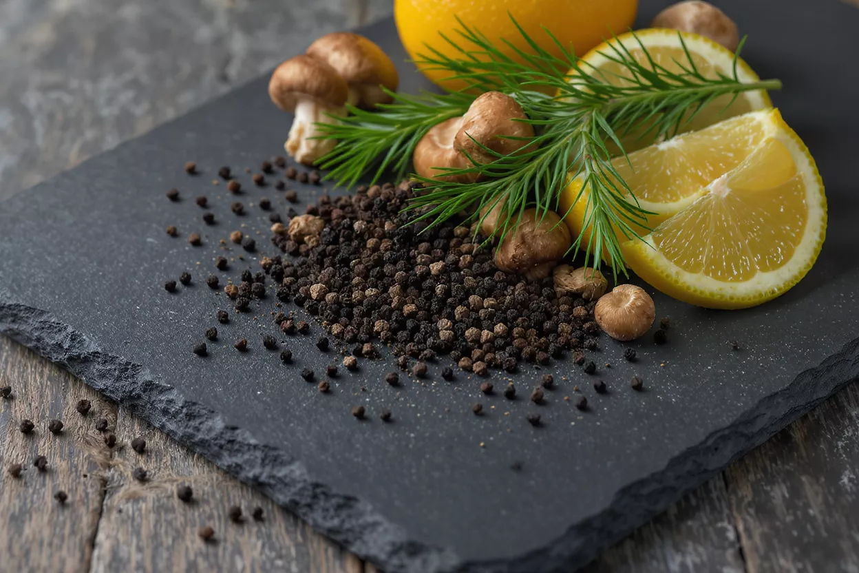 Black pepper, lemons, mushrooms, and herbs arranged on a dark slate board.