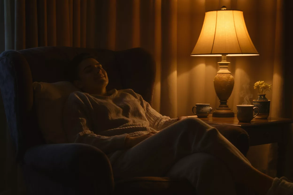 Woman relaxing in armchair with warm lamp light and steaming mugs.