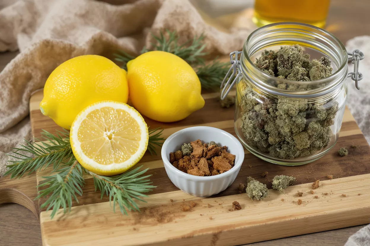 Lemons, cannabis, and other ingredients on a wooden board.
