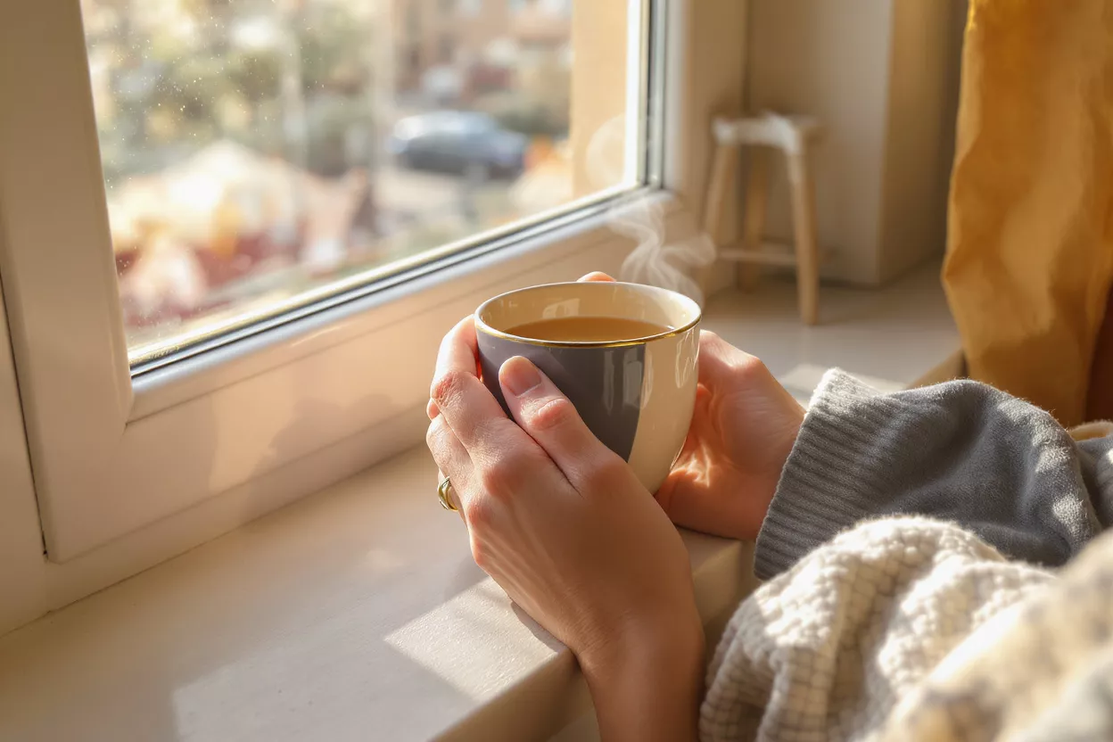 Hands holding a steaming cup of tea by a sunlit window.
