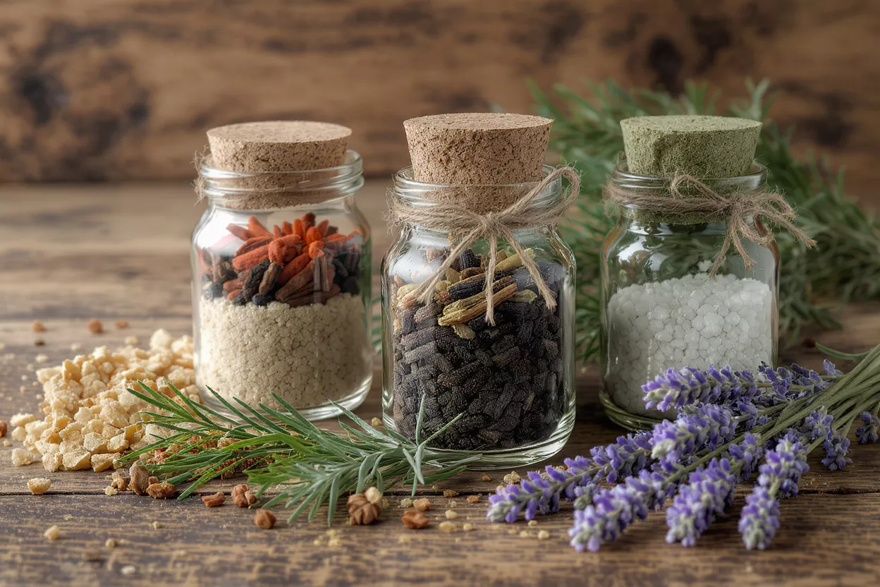 Three glass jars with various herbal ingredients and lavender on a wooden table.