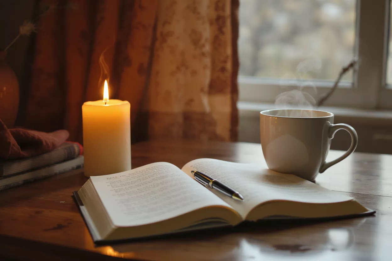 A lit candle, open book with pen, and steaming coffee mug on a wooden table.