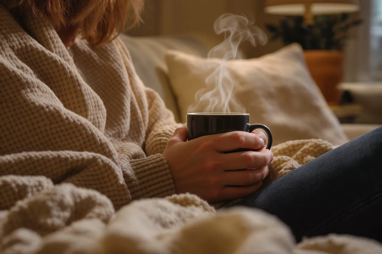 Person in cozy sweater holding a steaming mug on a couch.