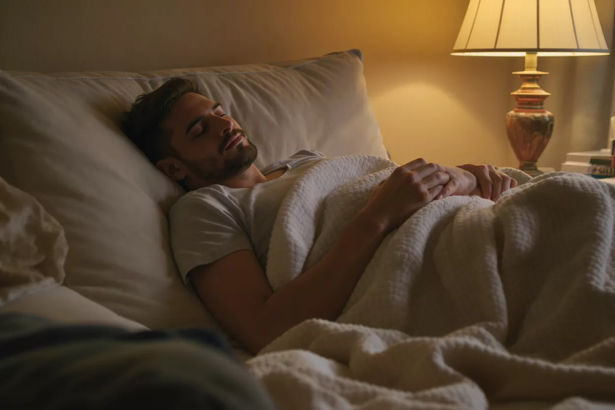 Un hombre con barba durmiendo tranquilamente en la cama bajo una manta blanca.