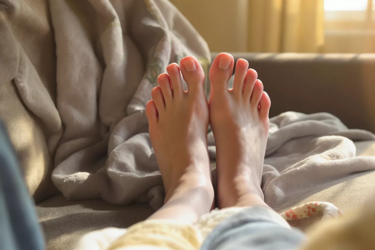 Close-up of bare feet resting on a cozy couch with a soft blanket.