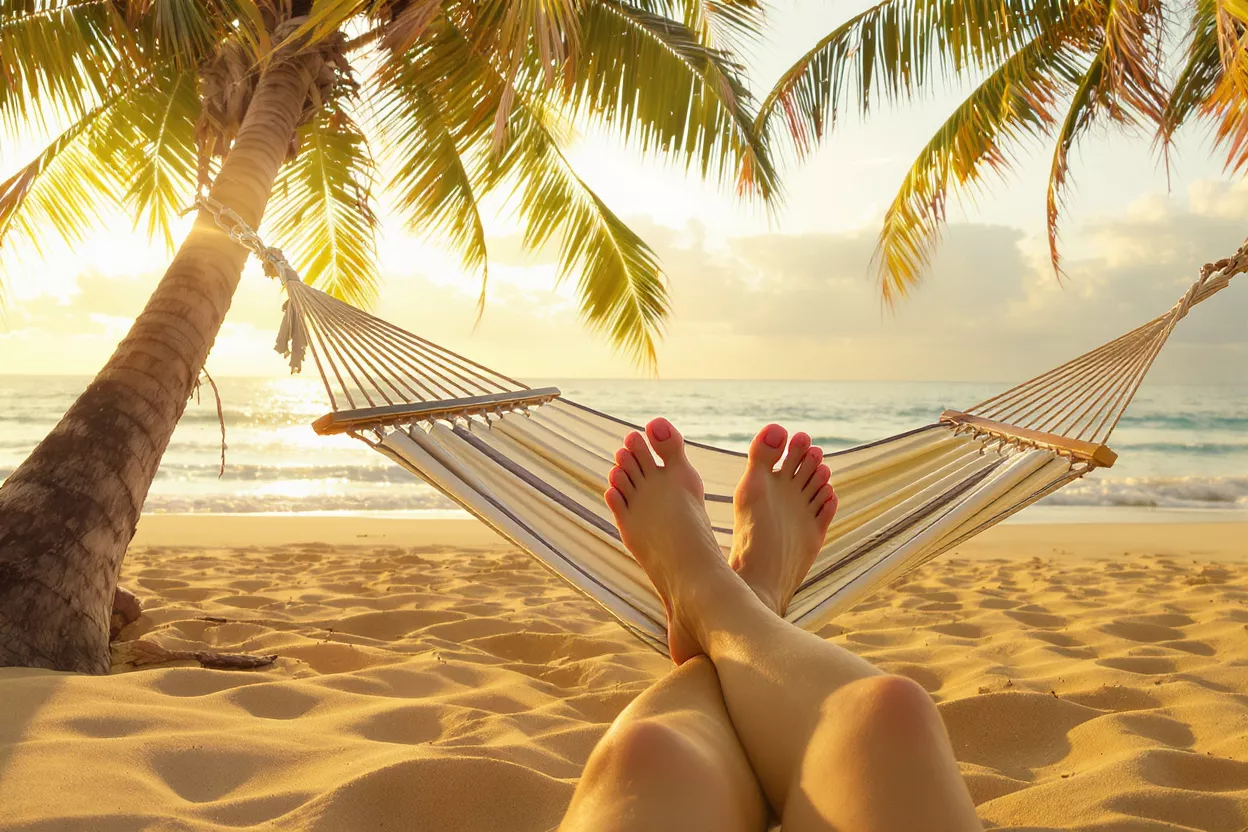 Person's feet with pink nail polish relaxing in a hammock on a tropical beach at sunset.