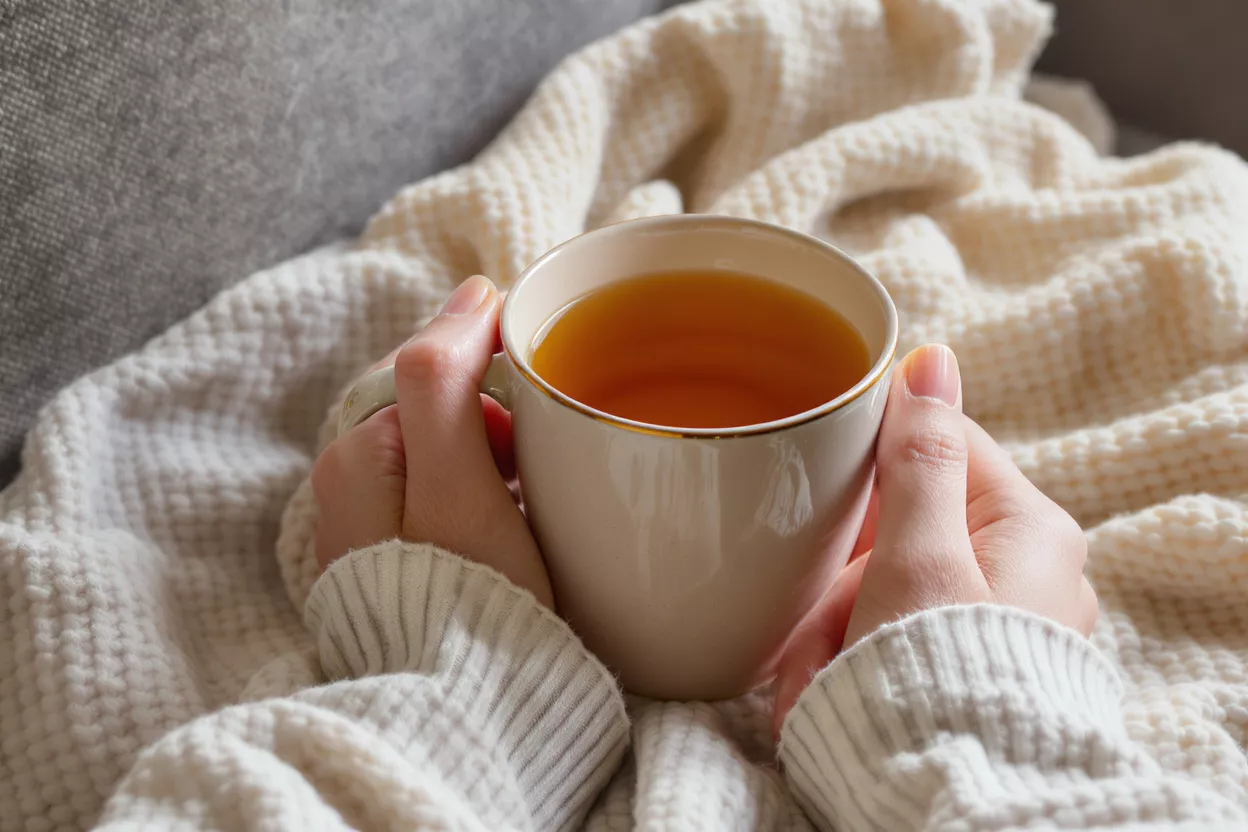 Taza de té acogedora y manta cálida Manos sosteniendo una taza de té caliente, rodeadas de una manta suave de color crema.
