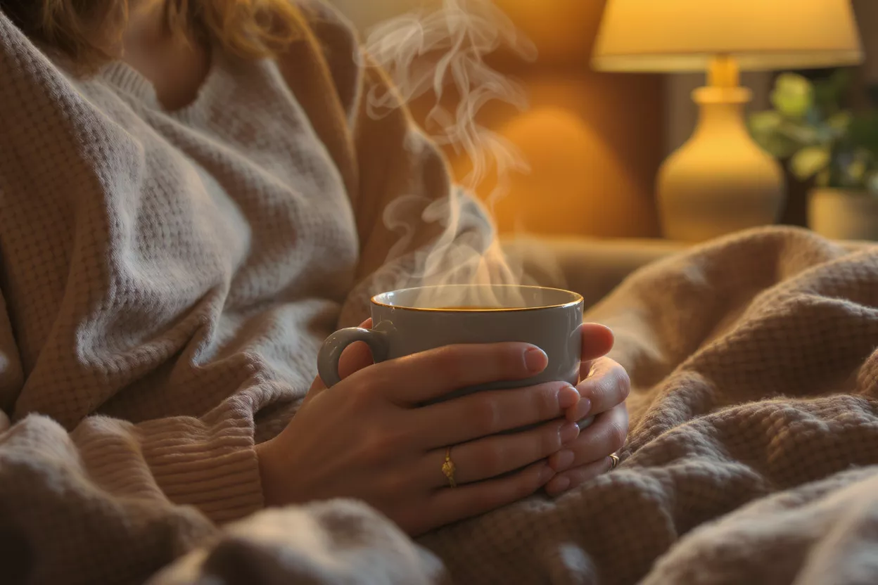 Hands holding a steaming mug of a warm drink, cozy setting.