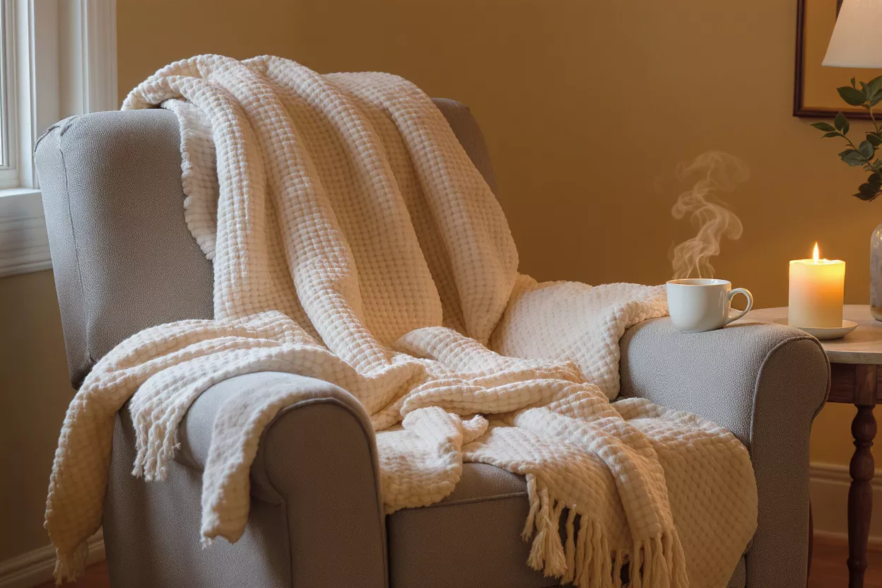 A cozy armchair with a cream waffle knit throw, steaming mug, and lit candle.