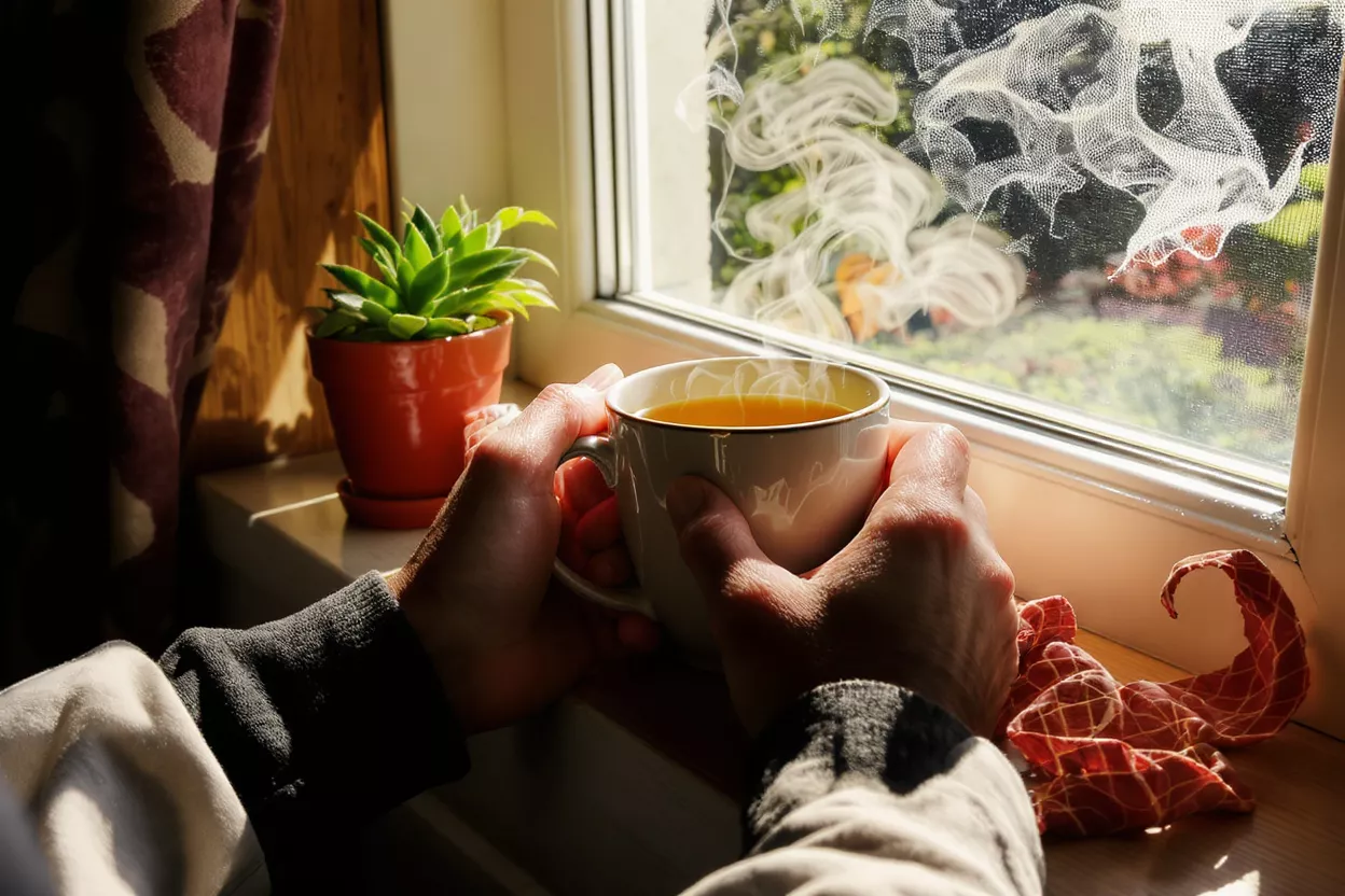 Thé fumant près de la fenêtre Mains tenant une tasse de thé fumant près d'une fenêtre ensoleillée avec une plante.